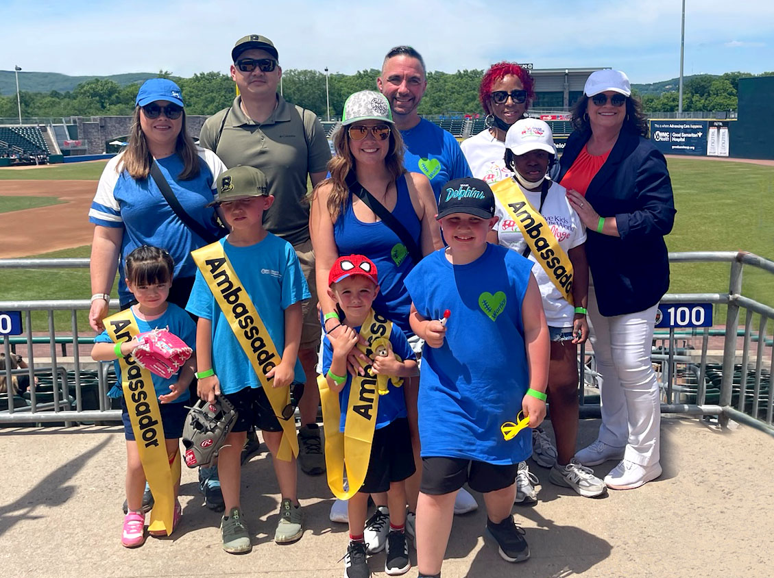 Left: Malory Saki, Rei Saki, Chris Saki, Gabe Saki; Center; Jameson Swankie, Valerie Swankie, Mike Swankie, Dakota Phillips; Right: Valerie Williams, Iyanna Williams; Far Right: Nicole Lucas, Vice President of Patient Care Services at Maria Fareri Children's Hospital.